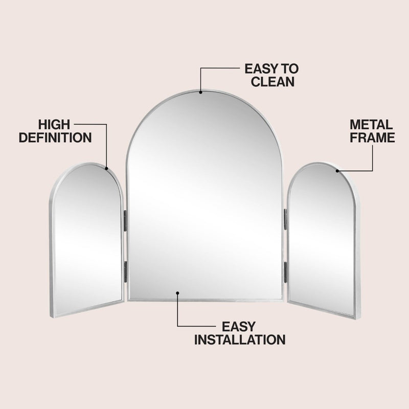 Verity 3-Way 30 in. W x 20 in. H Medium Arch Trifold Adjustable Aluminum Alloy Framed Vanity Mirror for Tabletop and Wall Mount