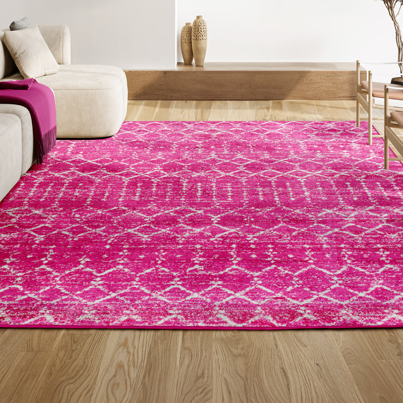 Moroccan Hype Boho Vintage Diamond Area Rug Fuchsia/Ivory