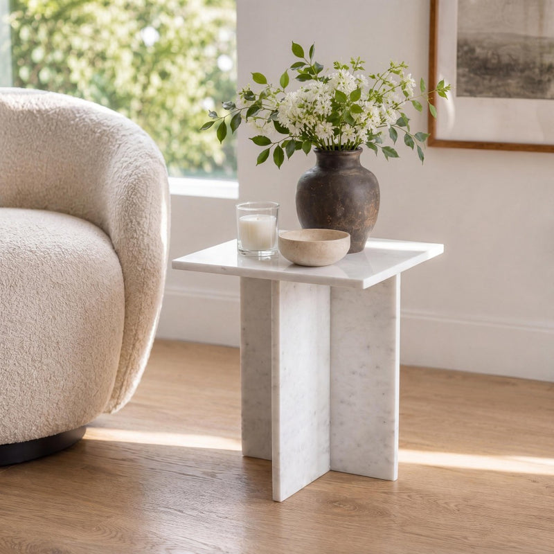 Cecil 18.5" Contemporary Natural Marble Handmade T-Shaped End Table