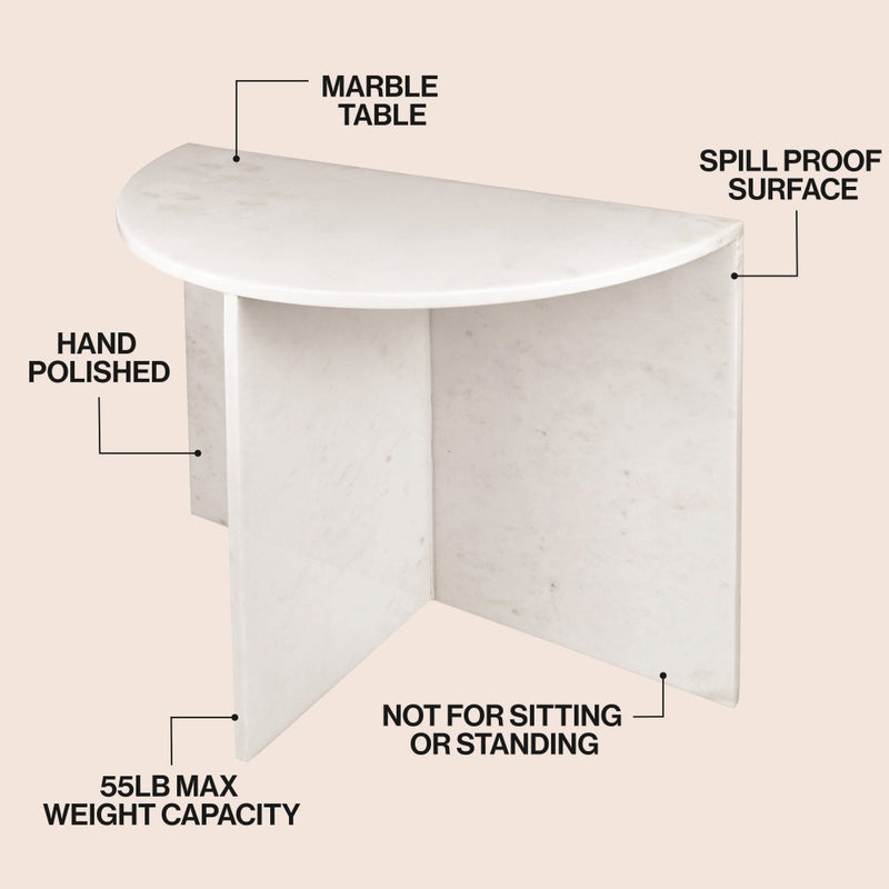 Patrice 20" Art Deco Minimalist Natural Marble Handmade Demilune Side Table