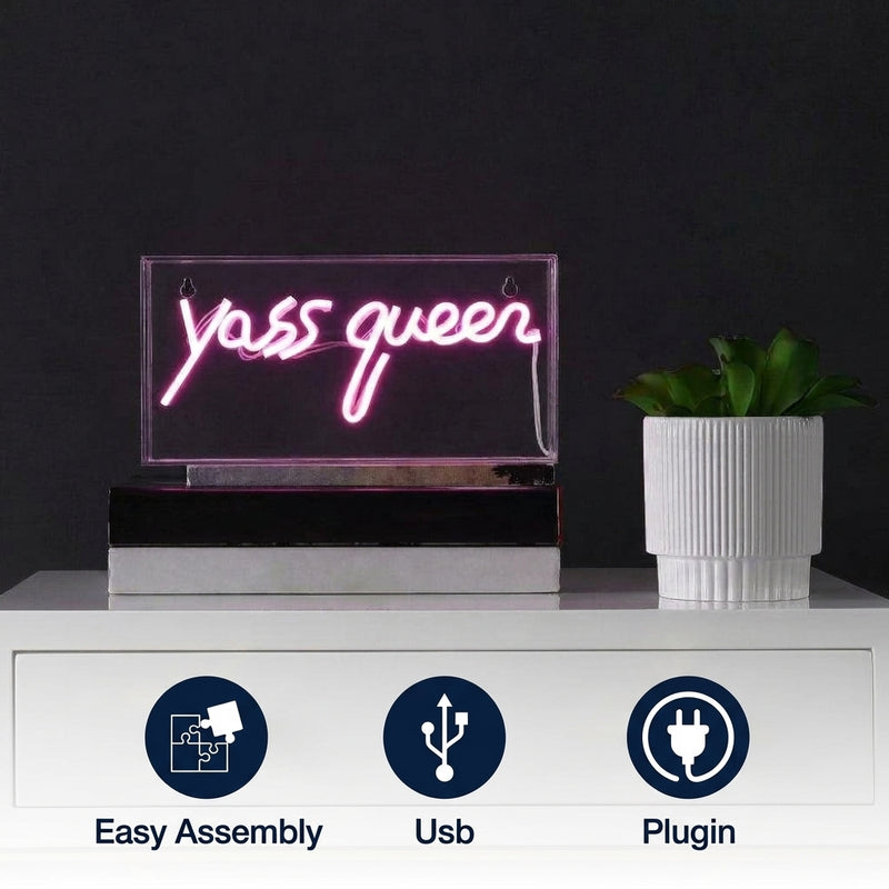 Yass Queen 11.8" Contemporary Glam Acrylic Box USB Operated LED Neon Light Pink – ICONS