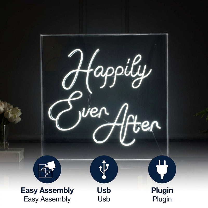 Happily Ever After Square Contemporary Glam Acrylic Box USB Operated LED Neon Light White / 23.63" – ICONS