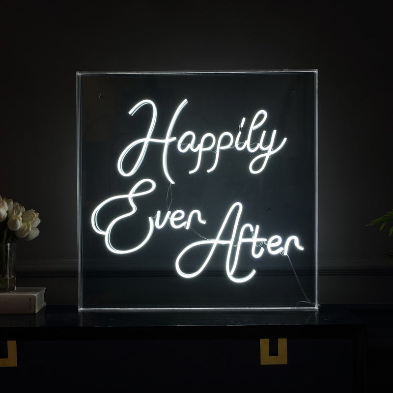 Happily Ever After Square Contemporary Glam Acrylic Box USB Operated LED Neon Light - JONATHAN Y