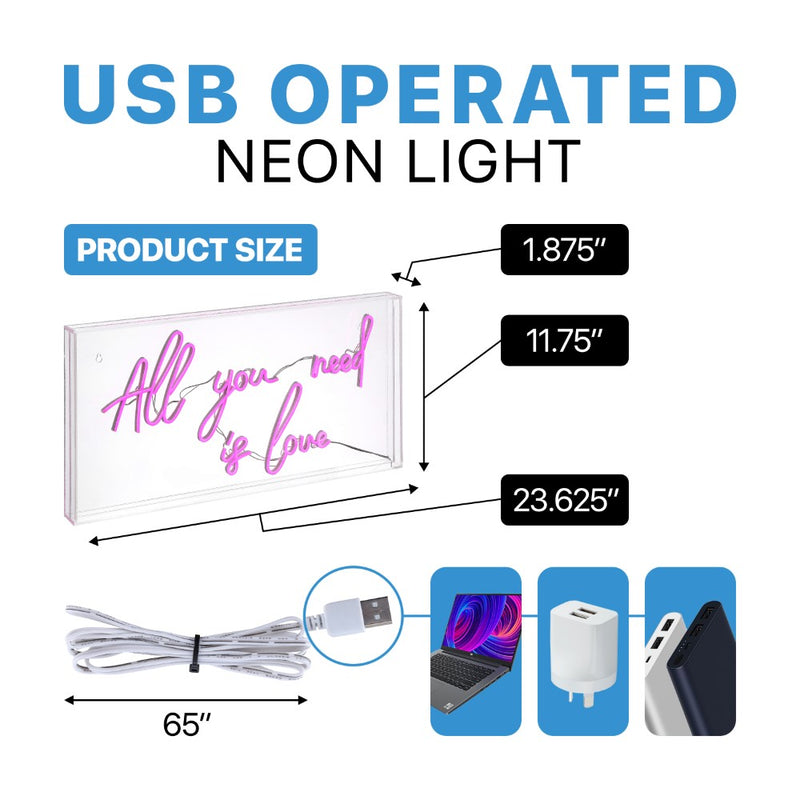 All You Need Is Love 23.63" X 11.75" Contemporary Glam Acrylic Box USB Operated LED Neon Light - JONATHAN Y