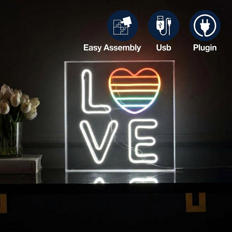 LOVE Square Contemporary Glam Acrylic Box USB Operated LED Neon Light White/Rainbow / 15" – ICONS