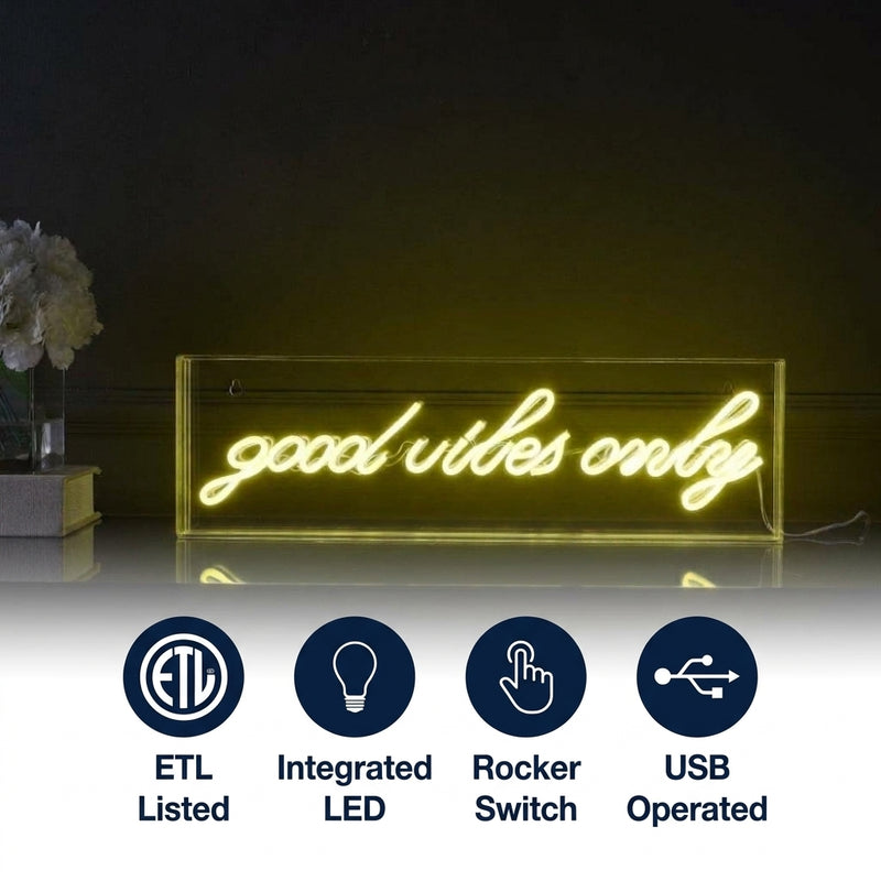 Good Vibes Only Contemporary Glam Acrylic Box USB Operated LED Neon Light Yellow / 20" X 6" – ICONS