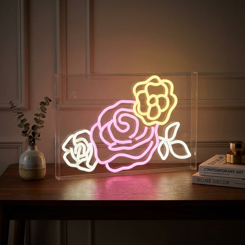 Crowd Of Roses Contemporary Glam Acrylic Box USB Operated LED Neon Light Pink/White/Yellow / 15" X 10.3" – AI-ON