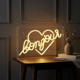 Bonjour Heart Contemporary Glam Acrylic Box USB Operated LED Neon Light Yellow / 15" X 10.3" – AI-ON