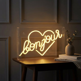 Bonjour Heart Contemporary Glam Acrylic Box USB Operated LED Neon Light Yellow / 15" X 10.3" – AI-ON