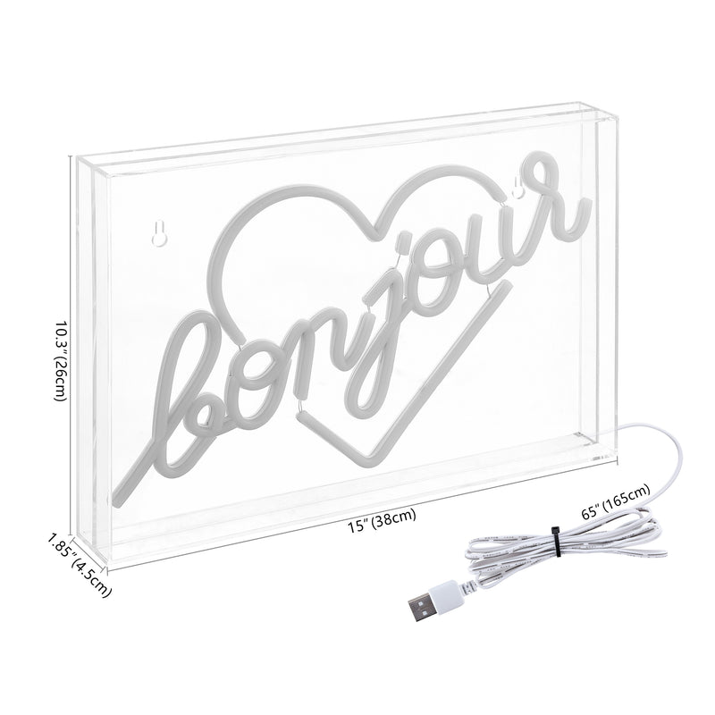 Bonjour Heart Contemporary Glam Acrylic Box USB Operated LED Neon Light - JONATHAN Y