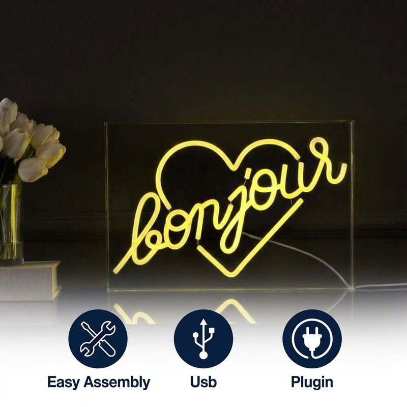 Bonjour Heart Contemporary Glam Acrylic Box USB Operated LED Neon Light Yellow / 15" X 10.3" – ICONS