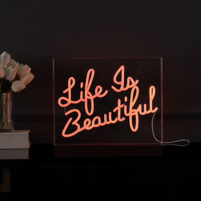 Life is Beautiful Contemporary Glam Acrylic Box USB Operated LED Neon Light - JONATHAN Y
