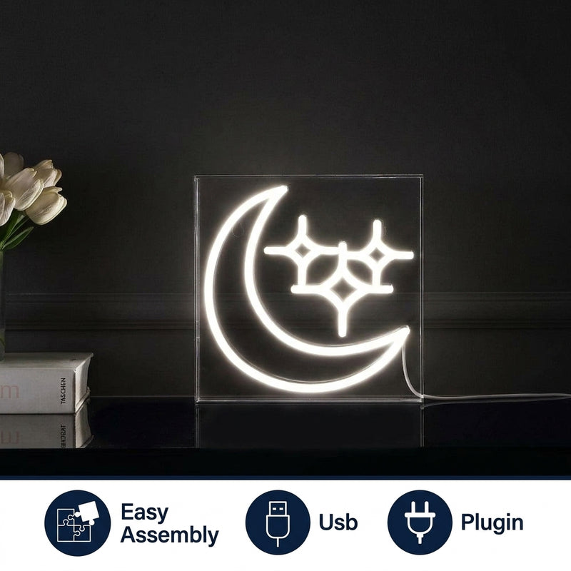 Starry Crescent Square Contemporary Glam Acrylic Box USB Operated LED Neon Light White / 10" – ICONS