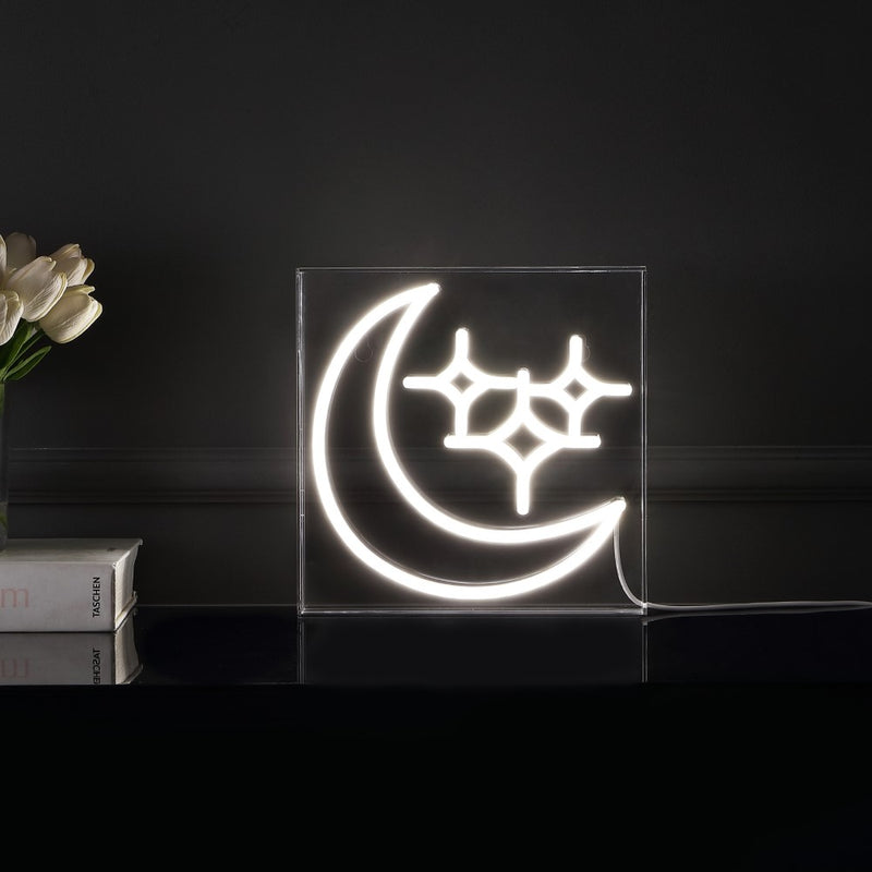 Starry Crescent Square Contemporary Glam Acrylic Box USB Operated LED Neon Light - JONATHAN Y