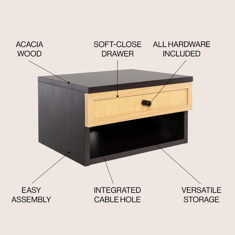 Celerie 15.71" Mid-Century Modern Floating Wall Mounted Nightstand with Soft-Close Rattan Drawer and Cable Hole - JONATHAN Y