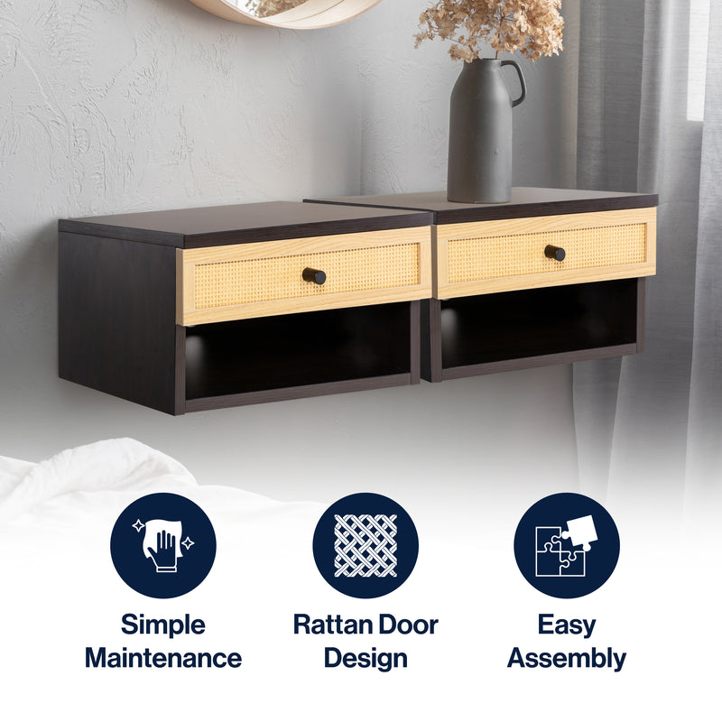 Celerie 15.71" Mid-Century Modern Floating Wall Mounted Nightstand with Soft-Close Rattan Drawer and Cable Hole