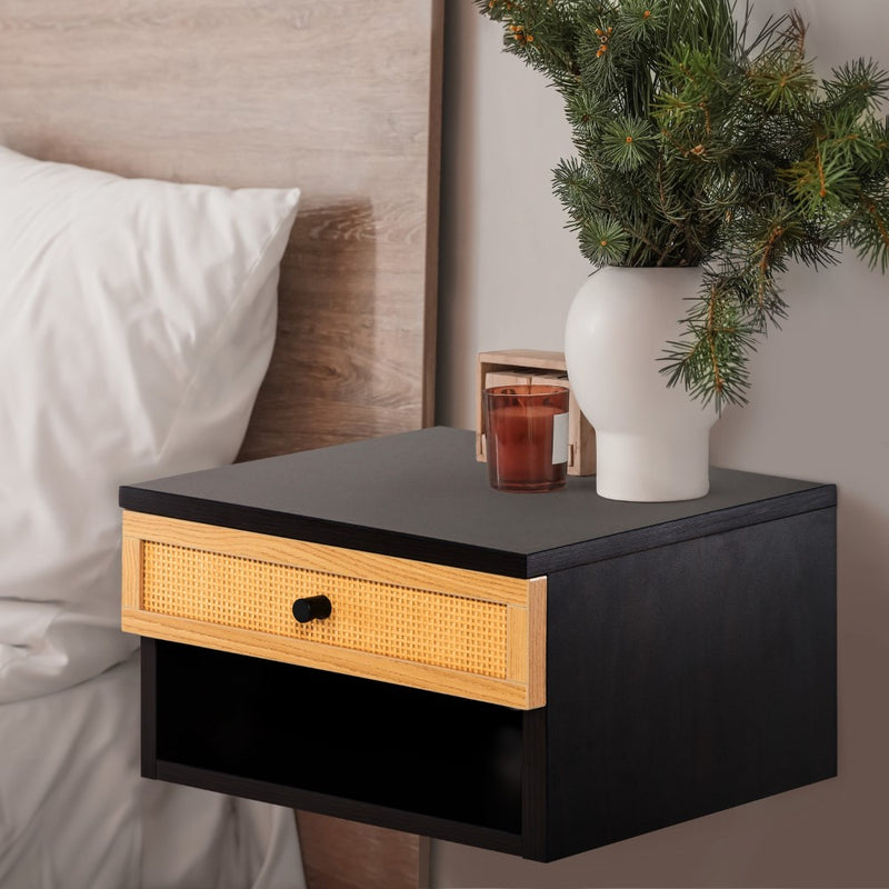 Celerie 15.71" Mid-Century Modern Floating Wall Mounted Nightstand with Soft-Close Rattan Drawer and Cable Hole - JONATHAN Y
