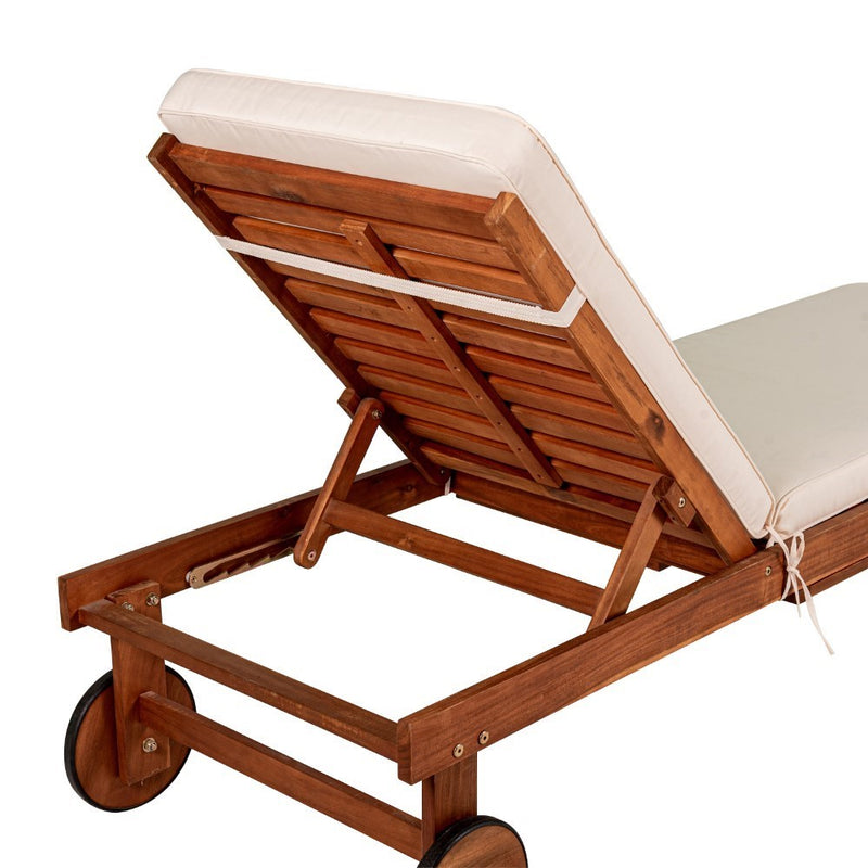 Seabrook Outdoor Acacia Wood Lounger with Cushion, 5-Position Back, Slide Table & Wheels - JONATHAN Y