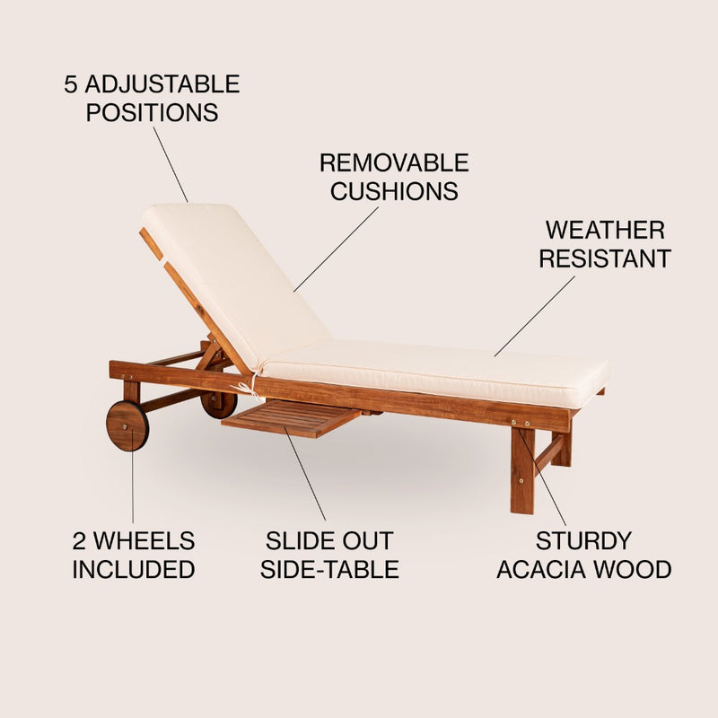 Seabrook Outdoor Acacia Wood Lounger with Cushion, 5-Position Back, Slide Table & Wheels - JONATHAN Y