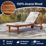 Seabrook Outdoor Acacia Wood Lounger with Cushion, 5-Position Back, Slide Table & Wheels