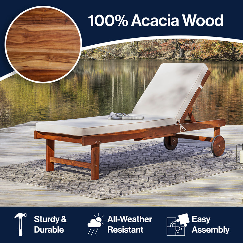 Seabrook Outdoor Acacia Wood Lounger with Cushion, 5-Position Back, Slide Table & Wheels