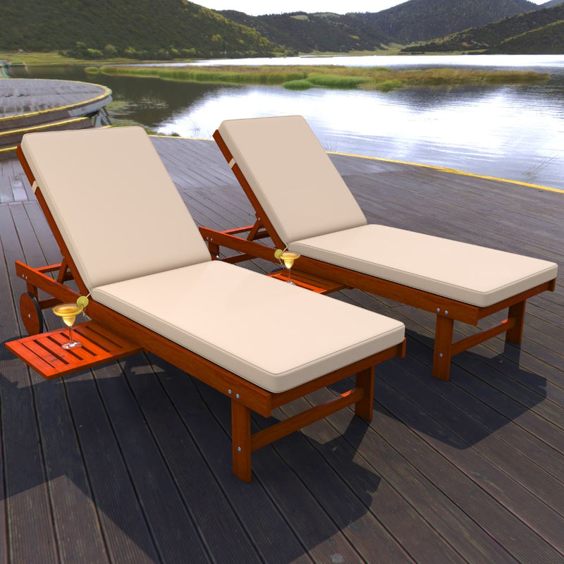 Seabrook Outdoor Acacia Wood Lounger with Cushion, 5-Position Back, Slide Table & Wheels - JONATHAN Y