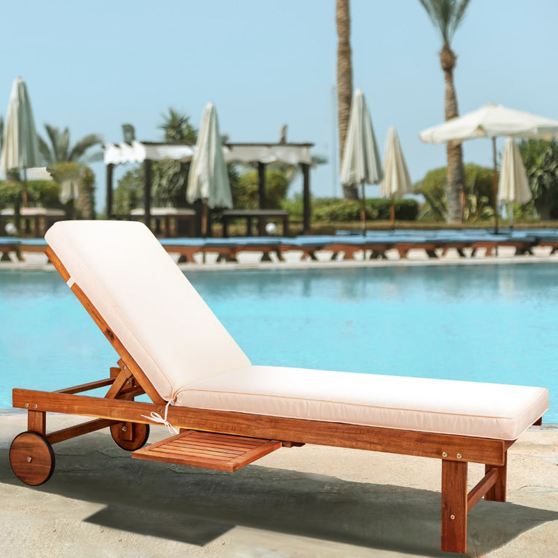 Seabrook Outdoor Acacia Wood Lounger with Cushion, 5-Position Back, Slide Table & Wheels - JONATHAN Y