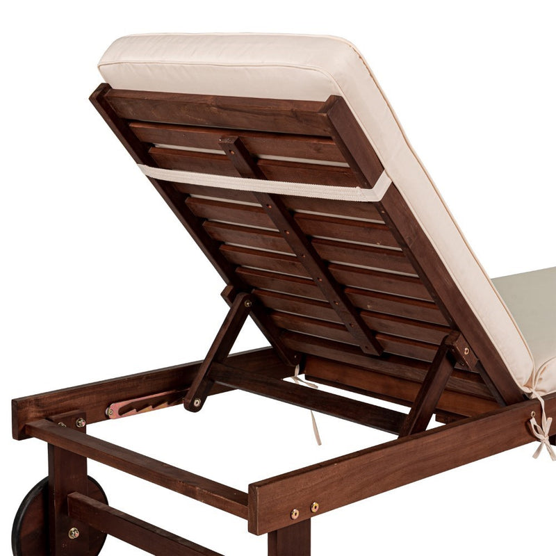 Seabrook Outdoor Acacia Wood Lounger with Cushion, 5-Position Back, Slide Table & Wheels - JONATHAN Y