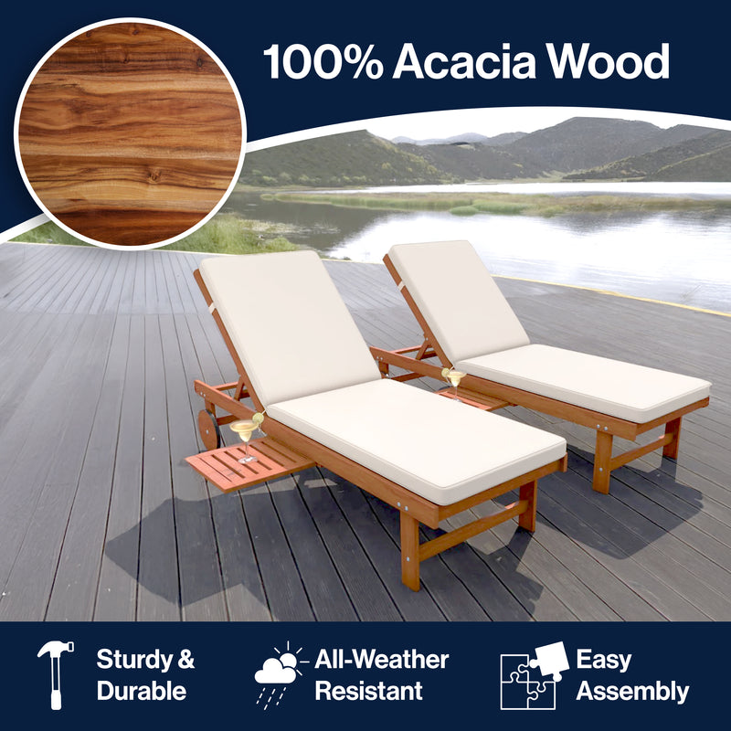 Seabrook Outdoor Acacia Wood Lounger with Cushion, 5-Position Back, Slide Table & Wheels