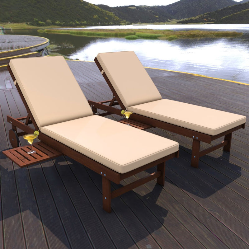 Seabrook Outdoor Acacia Wood Lounger with Cushion, 5-Position Back, Slide Table & Wheels - JONATHAN Y