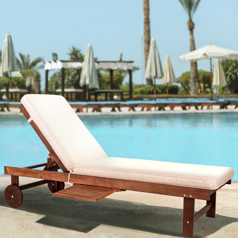 Seabrook Outdoor Acacia Wood Lounger with Cushion, 5-Position Back, Slide Table & Wheels - JONATHAN Y