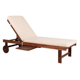 Seabrook Outdoor Acacia Wood Lounger with Cushion, 5-Position Back, Slide Table & Wheels - JONATHAN Y