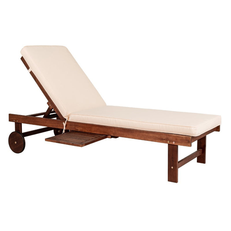 Seabrook Outdoor Acacia Wood Lounger with Cushion, 5-Position Back, Slide Table & Wheels - JONATHAN Y