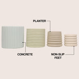 Silas Modern Minimalist Handmade Concrete Fluted Sculptural Cylinder Planter Set with Drainage Holes