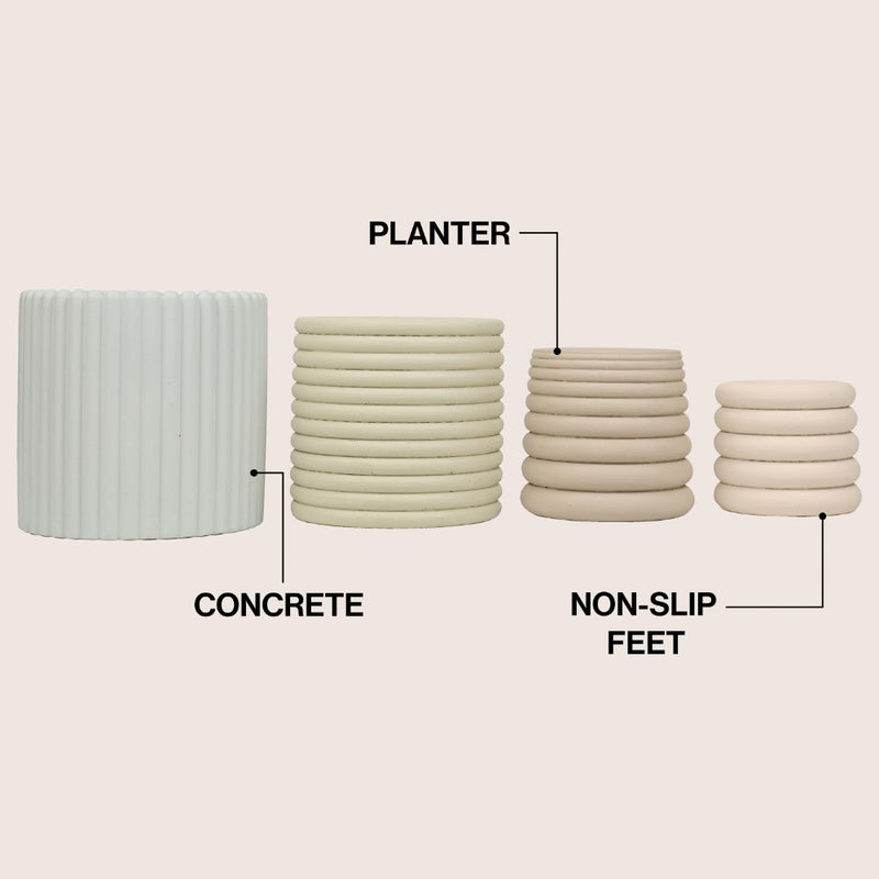 Silas Modern Minimalist Handmade Concrete Fluted Sculptural Cylinder Planter Set with Drainage Holes