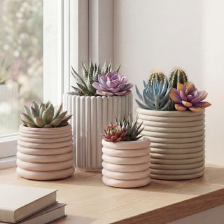 Silas Modern Minimalist Handmade Concrete Fluted Sculptural Cylinder Planter Set with Drainage Holes