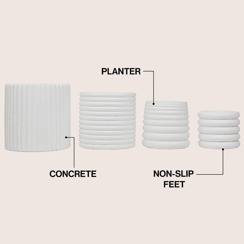 Silas Modern Minimalist Handmade Concrete Fluted Sculptural Cylinder Planter Set with Drainage Holes