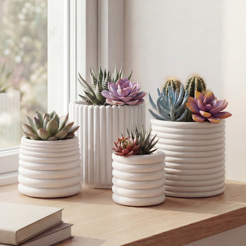 Silas Modern Minimalist Handmade Concrete Fluted Sculptural Cylinder Planter Set with Drainage Holes
