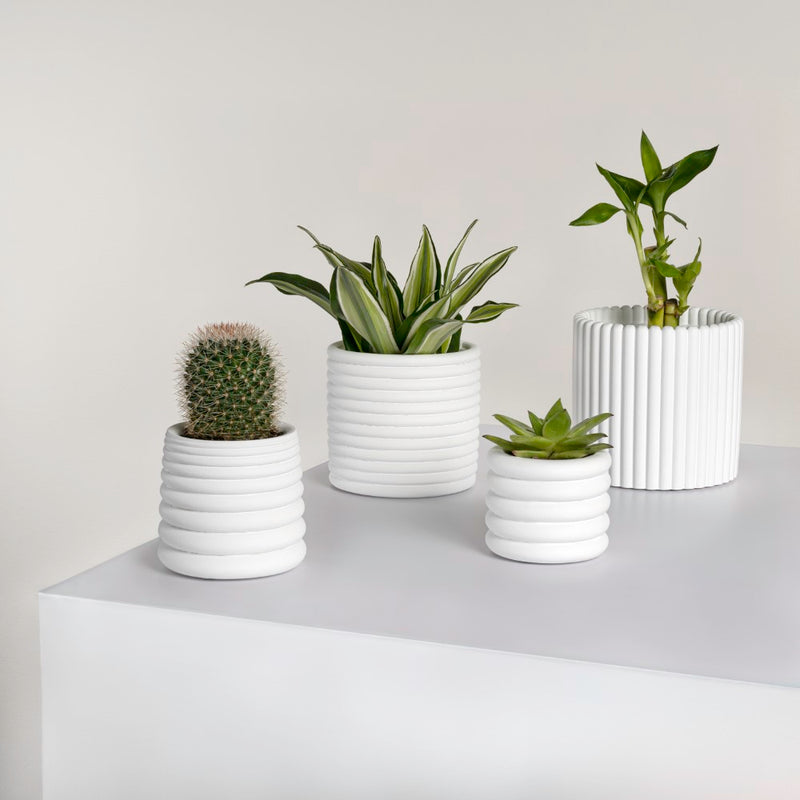 Silas Modern Minimalist Handmade Concrete Fluted Sculptural Cylinder Planter Set with Drainage Holes