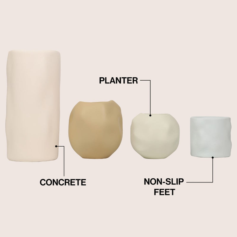 Linden Modern Minimalist Handmade Concrete Organic Sculptural Cylinder and Round Planter Set with Drainage Holes