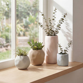 Linden Modern Minimalist Handmade Concrete Organic Sculptural Cylinder and Round Planter Set with Drainage Holes