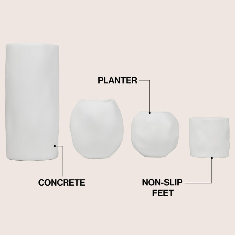 Linden Modern Minimalist Handmade Concrete Organic Sculptural Cylinder and Round Planter Set with Drainage Holes