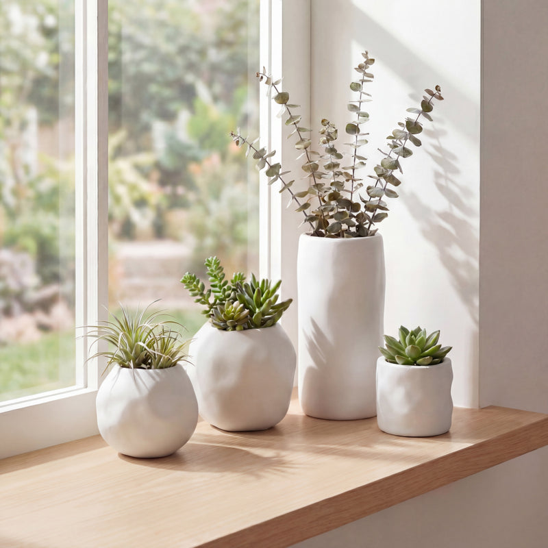 Linden Modern Minimalist Handmade Concrete Organic Sculptural Cylinder and Round Planter Set with Drainage Holes