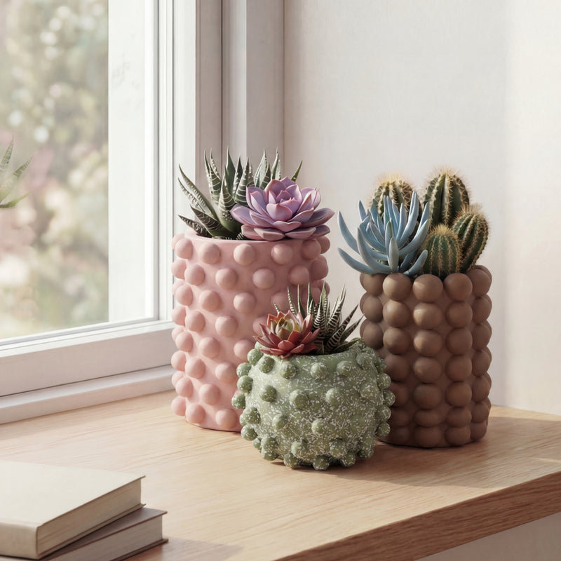 Maren Modern Minimalist Handmade Concrete Bubble Cylinder and Round Planter Set