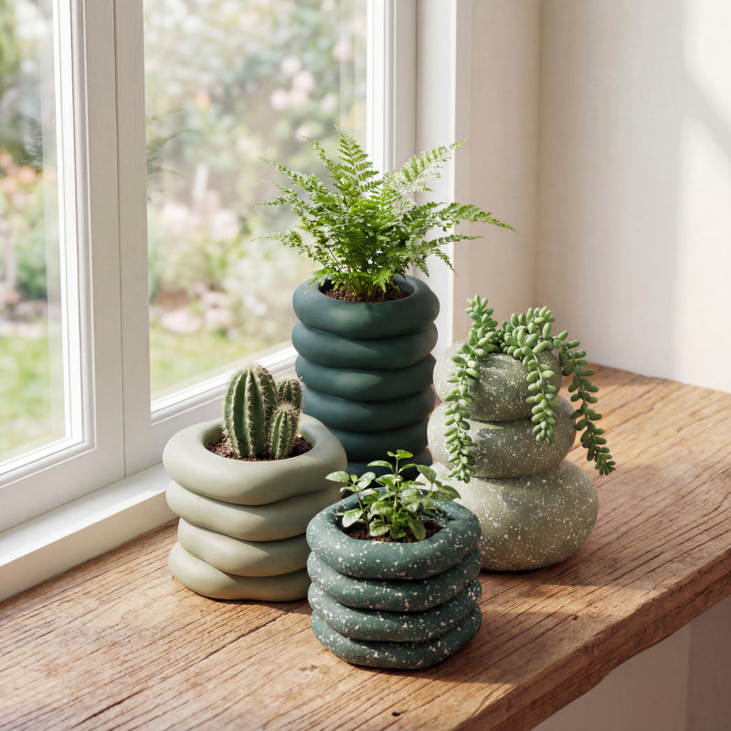 Hollis Modern Minimalist Handmade Concrete Stacked Ring Planter Set with Drainage Holes