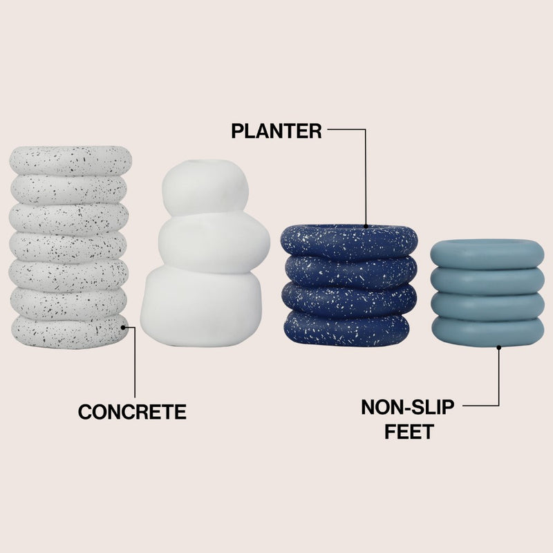 Hollis Modern Minimalist Handmade Concrete Stacked Ring Planter Set with Drainage Holes