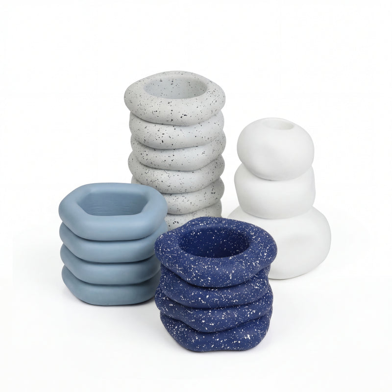 Hollis Modern Minimalist Handmade Concrete Stacked Ring Planter Set with Drainage Holes