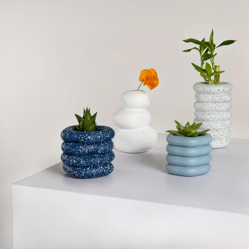 Hollis Modern Minimalist Handmade Concrete Stacked Ring Planter Set with Drainage Holes