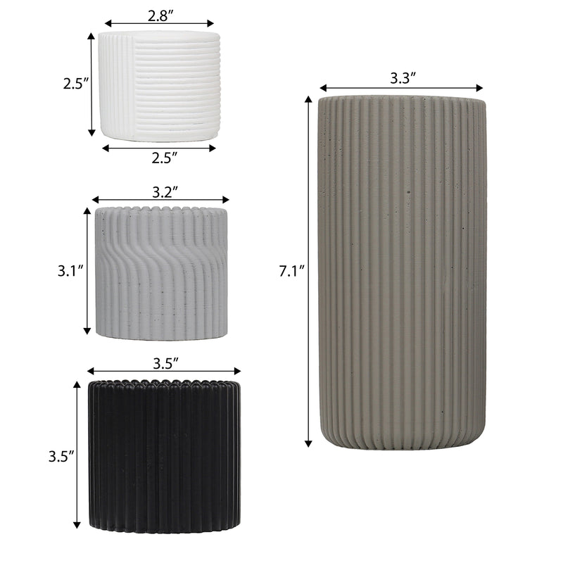 Noa Modern Minimalist Handmade Concrete Fluted Cylinder Planter Set
