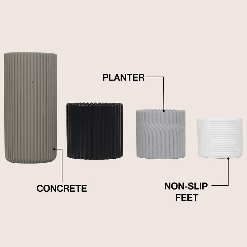 Noa Modern Minimalist Handmade Concrete Fluted Cylinder Planter Set